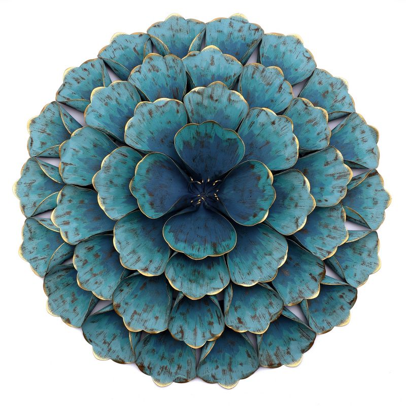 LuxenHome 23.5" Round Teal Blue Flower Metal Wall Decor Art, 2 of 14