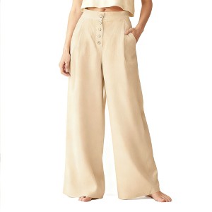 Women's High Waisted Wide Leg Pants - Cotton Linen Blend Casual Palazzo Trousers with Button Closure for Comfort & Style - 1 of 4