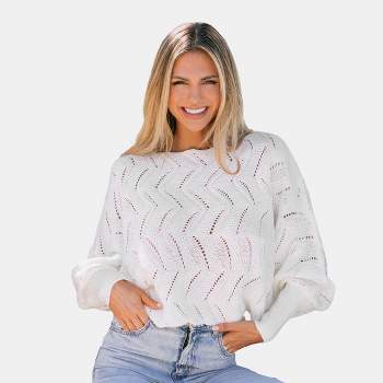 Women's Wavy Pointelle Knit Bishop Sleeve Sweater - Cupshe