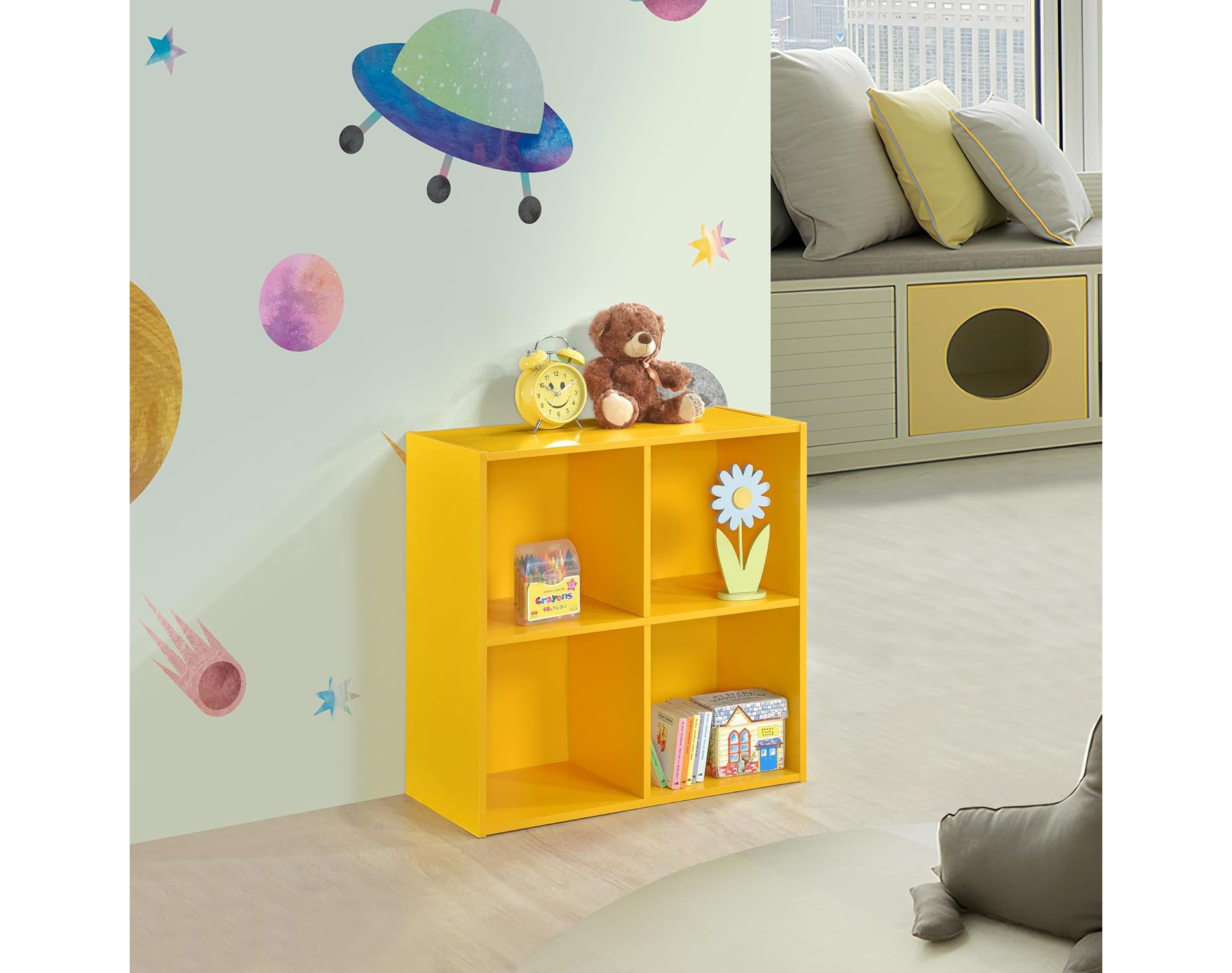 Kings Brand Furniture - 4 Cube Toy Storage Organizer Book Shelf, Kids Bookshelf Bookcase for Playroom, Bedroom, Nursery, Yellow