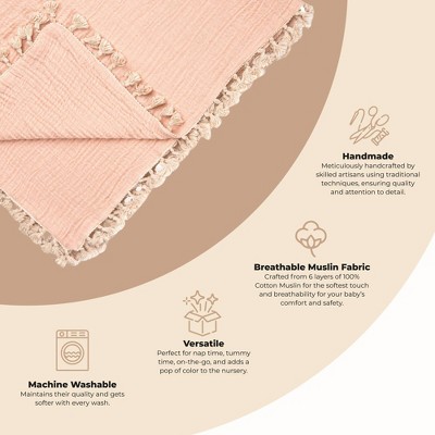Desert Rose Cotton Muslin Baby Blanket with Fringe Trim