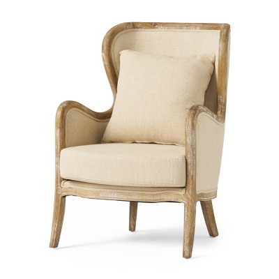 GDFStudio Milton French Country Fabric Upholstered Oak Wood Wingback High Back Club Chair, Beige and Natural