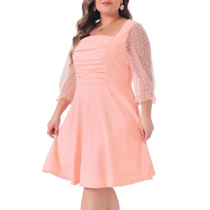 Agnes Orinda Women's Plus Size Pleat Front Square Neck Sheer Sleeve Flowy A-Line Dresses - 1 of 4