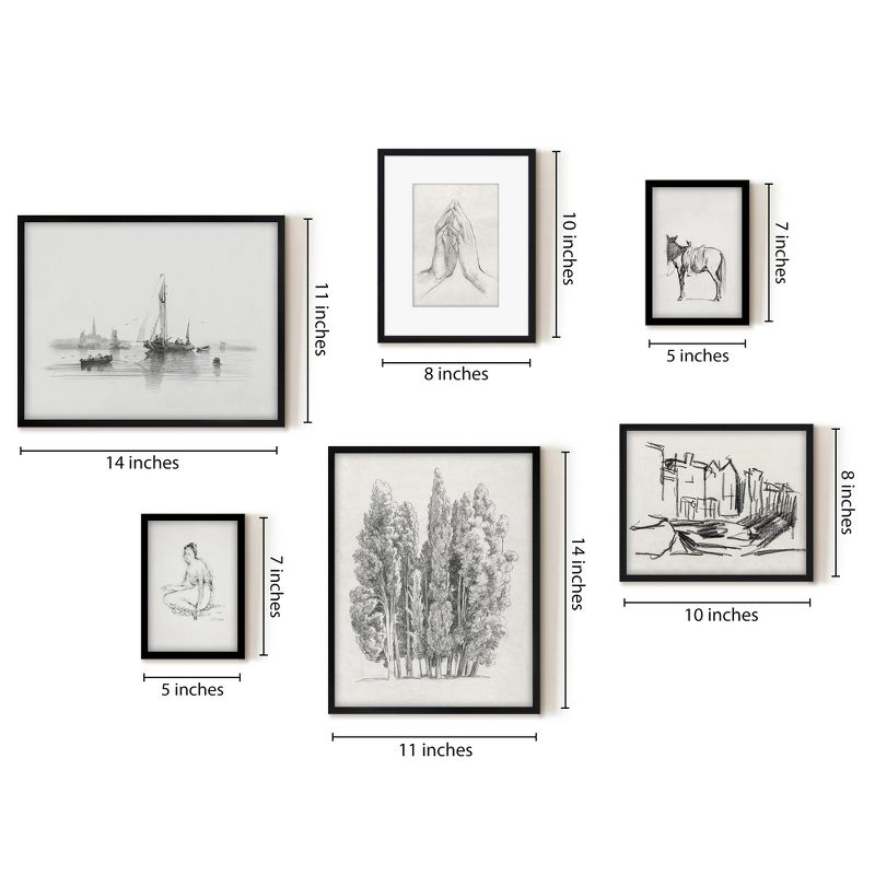 Americanflat 6 Piece Vintage Gallery Wall Art Set - Cypress Tree, Moored Sailboats Ii, Amsterdam Sketch I, Hand Study by Maple + Oak, 4 of 6