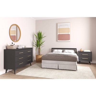 Ebony Pine Wood 2-Drawer Mid-Century Modern Nightstand