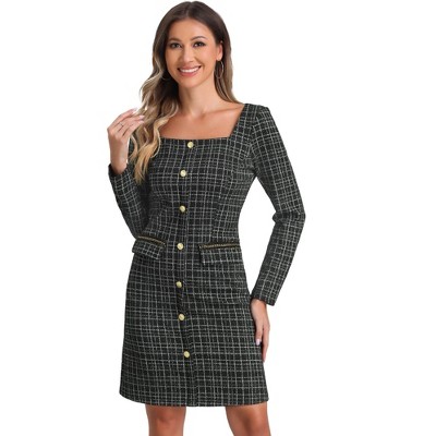 INSPIRE CHIC Women's Tweed Long Sleeves Square Neckline Knee Length Dresses