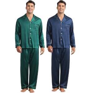 INSPIRE CHIC Men's 2 Pack Sleepwear Classic Soft Button Long Sleeve Satin Pajamas Sets - 1 of 4