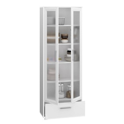 White 71.85" Bookcase with Frosted Glass Doors and Drawer