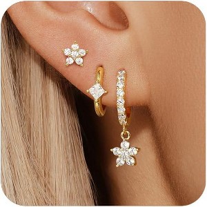 Gold Plated Dangle Earrings Set - Flower, Moon & Cross Huggie Hoop Stacks, Hypoallergenic Trendy Jewelry Gift - 1 of 4