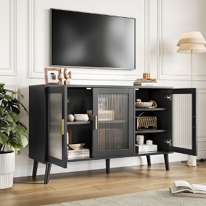 COZONY 48" Sideboard Buffet Cabinet with 3 Fluted Glass Doors & Removable Shelves, Large Black Credenza Storage Cabinet for Dining Room, Living Room - 1 of 4