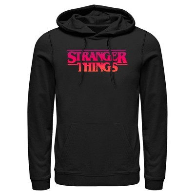 Men s Stranger Things Pink Logo Pull Over Hoodie Black Medium