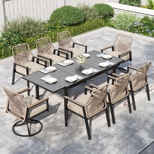 Captiva Designs 9pc Spacious Slat-top Rectangle Metal Table with Umbrella Hole & Beige Rattan Cushioned Chairs - 1 of 4