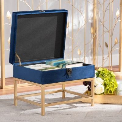 Navy Blue Velvet Tufted Storage Ottoman with Gold Metal Legs