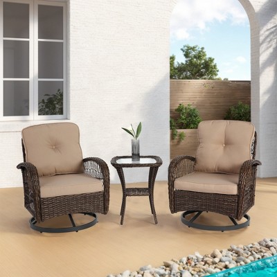 XINGHANZHENXUAN Gray 3 Pcs Outdoor Swivel Rocker Patio Set, Rotating Rattan Chairs with Cushions & Glass Coffee Table for Backyard, Garden