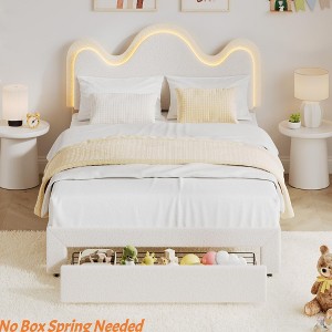 Twin/Full Boucle Bed Frame w/Flower Headboard Upholstered Princess Bed Frame for Kids/ Platform Bed Frame w/ Drawers&Lights - 1 of 4