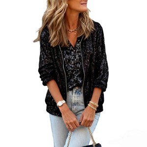 Women's Sparkly Sequin Bomber Jacket Short Zip-Up Party Evening Outerwear - 1 of 4