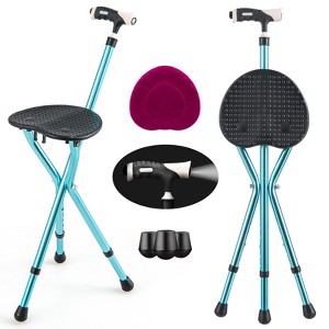 Gymax Folding Walking Cane W/ Seat 2-in-1 Multifunctional Walking Stick & Chair Cane W/ LED Light Ergonomic Seat for the Elderly Black/Brown/Blue - 1 of 4
