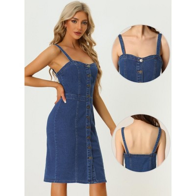 Женские платья INSPIRE CHIC Women's Button Down Sweetheart Neckline Sleeveless Summer Knee Length Denim Bodycon Sundress Medium Blue — фото 2