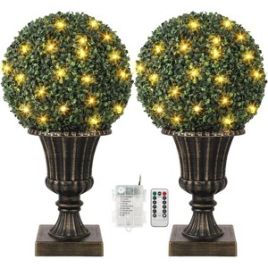 2pcs Artificial Boxwood Topiary Ball, 16" Faux Plant Topiary Ball, Front Door Plants with Light Base for Outdoor Balcony, Backyard Home Decor - 1 of 4