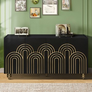 Modern Fluted 4-Door Sideboard with Gold Accents, Adjustable Shelves & Pre-Wired Holes, Sleek Storage for Dining, Living Room - 1 of 4