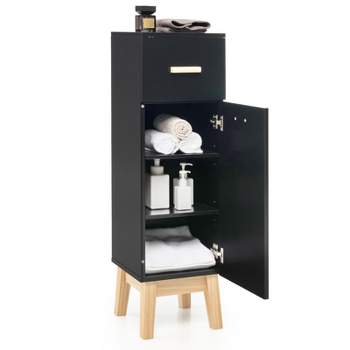 Tangkula Narrow Bathroom Storage Cabinet Freestanding Side Storage Organizer with Adjustable Shelves Drawer and Pine Wood Legs Black/White