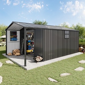 AMERLIFE 10x16.6x7.3 FT Outdoor Metal Storage Shed with Lounge Area, Sliding Doors, 2 Windows & Vents, Heavy-Duty Weather-Resistant Steel, Dark Gray - 1 of 4