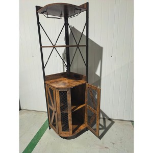 Corner Bar Cabinet with LED Lights, 60 inch Farmhouse Storage Cabinet with Iron Mesh Doors & Adjustable Shelves, Dark Country Oak - 1 of 1