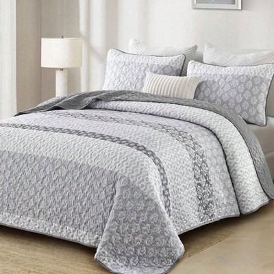 Boho King Size Gray Farmhouse Quilt Set, Striped Lightweight Bedding 104x90 3 Pieces