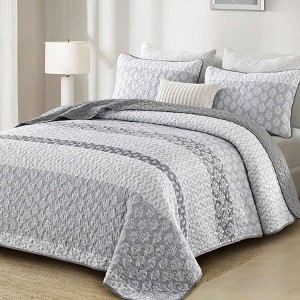 Boho King Size Gray Farmhouse Quilt Set, Striped Lightweight Bedding 104x90 3 Pieces - 1 of 4