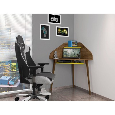 Rustic Brown & Yellow Wood Corner Desk with Keyboard Tray