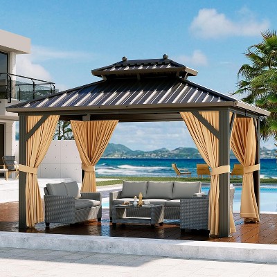 Hardtop 10x12ft Gazebo, Double Roof Canopy with Netting and Curtains