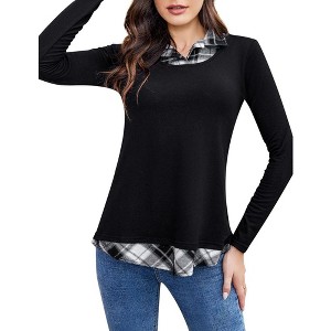 Women's Contrast Collared Shirts Patchwork Work Blouse Tunics Tops - 1 of 4