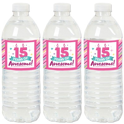 Big Dot of Happiness Girl 15th Birthday - Teen Birthday Party Water Bottle Sticker Labels - Set of 20