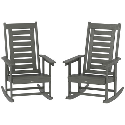 Outsunny Outdoor Rocking Chairs Set of 2, HDPE Patio Rockers with 28" High Back, Wide Armrests and Slatted Seat for Porch Backyard Balcony, Dark Gray