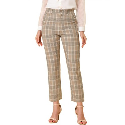 Allegra K Women's Plaid High Waist Elastic Back Office Work Ankle Pants ...