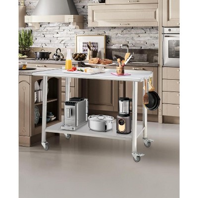 48"x24" Stainless Steel Prep Table w/ Undershelf & Wheels - Heavy-Duty Commercial Worktable for Kitchens