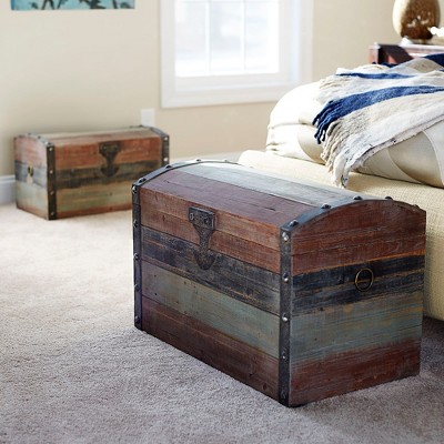 Large Weathered Multicolor Wooden Storage Trunk with Metal Accents