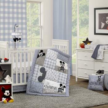 Disney Mickey Mouse - Call Me Mickey Blue, White, and Gray The Adventure Begins Stars and Gingham 3 Piece Nursery Crib Bedding Set