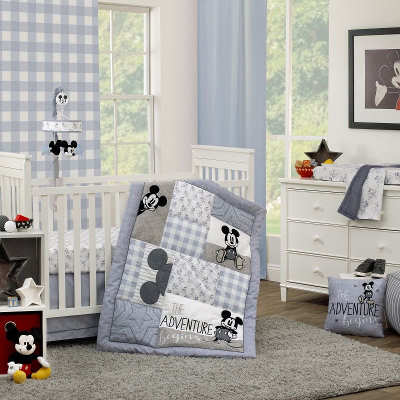 Disney Mickey Mouse - Call Me Mickey Blue, White, and Gray The Adventure Begins Stars and Gingham 3 Piece Nursery Crib Bedding Set, 1 of 8