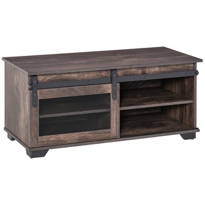 HOMCOM Farmhouse Coffee Table with Sliding Mesh Barn Door, Storage Cabinet, and Adjustable Shelves for Living Room, Dark Brown