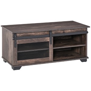 HOMCOM Farmhouse Coffee Table with Sliding Mesh Barn Door, Storage Cabinet, and Adjustable Shelves for Living Room, Dark Brown - 1 of 4