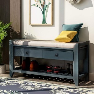 Entryway Storage Bench, Solid Wood Storage Bench with Open Shoe Rack, 2 Drawers, Multipurpose Shoe Bench with Padded Cushion for Hallway - 1 of 4