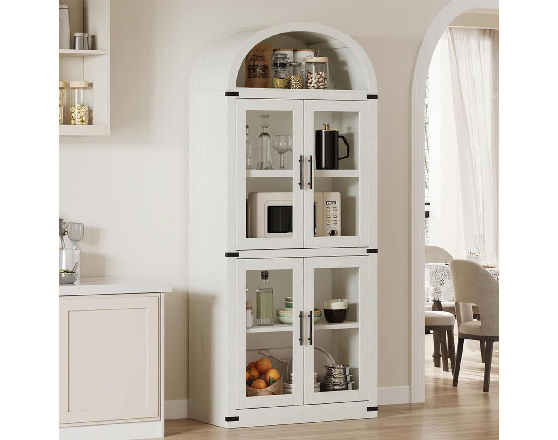 Acekool Arched Bookcase with Doors, 71.4" Tall Farmhouse Display Cabinet, Deep Storage Shelves, Glass Accents, Wooden Display Rack for Home, White