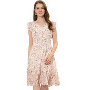 Allegra K Women's Floral Flutter Sleeves V Neck Smocked Ruffle Sundresses - 1 of 4