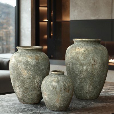 Rustic Gold and Brown Ceramic 13.6-Inch Tall Urn Vase
