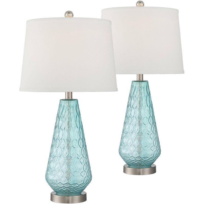 360 Lighting Dylan Modern Coastal Table Lamps 27 1/2" Tall Set of 2 Blue Textured Diamond Glass White Fabric Drum Shade for Bedroom Living Room House, 1 of 8