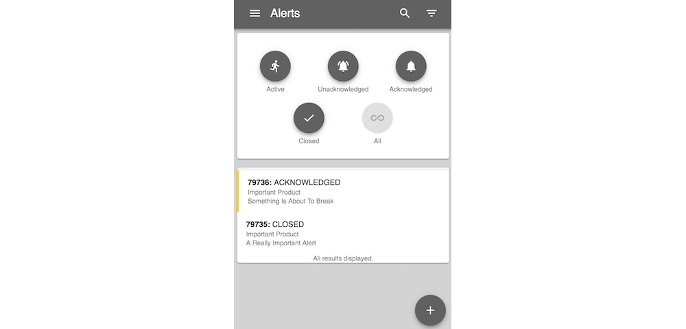 mobile view of the GoAlert alert screen showing the following categories: "Active, Unacknowledged, Acknowledged, Closed, and All"