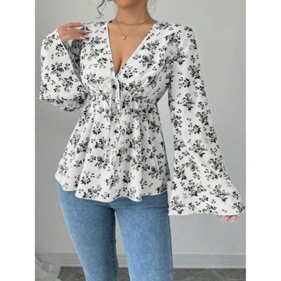 Women's V Neck Floral Print Blouse Bell Long Sleeve Tie Front Casual Shirt Tops