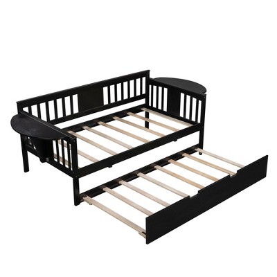 NicBex Twin Size Daybed with Trundle, Wooden Day Bed Frame with Foldable Shelves Safety Guardrail, No Box Spring Needed