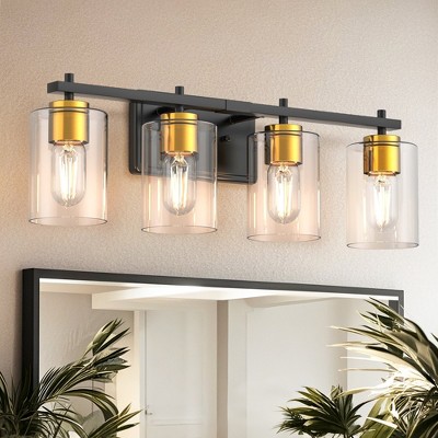 YANSUN 24 in. 4-Light Black Gold Vanity Light with Clear Glass Shades for Bathrooms